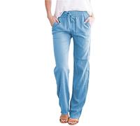 Wide Leg Lounge Pants Women - Straight Leg Trousers For Women Stretch Petite Linen Trousers Womens Elasticated Waist Solid Color Stretch Plain Pants With Pockets Plus Big Office Casual Relax Fit