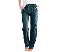 Wide Leg Lounge Pants Women - Straight Leg Trousers for Women Stretch Petite Linen Trousers Womens Elasticated Waist Solid Color Stretch Plain Pants with Pockets Plus Big Office Casual Relax Fit Blue