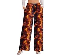 Wide Leg Pants for Women Cotton - Red Flame Pattern Print Ladies Casual High Waisted Slacks Palazzo Pants, Style-24, Large