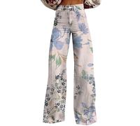 Wide Leg Pants Woman High Waist Patterned Pants Lightweight Loose Fit Casual Colourful Trousers Imitation Jeans Colourful Jeans Trousers, blue, M