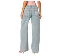 Wide Leg Printed Jeans for Girls with Bow Pocket - Relaxed Fit, Light Blue, Size M