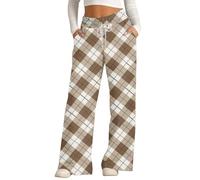 Wide Leg Sweatpants Women Plus Size High Waisted Straight Leg Jogger Sweatpants Plaid Lounge Palazzo Trousers Running Sports Pants with Pockets (Khaki,XXL)