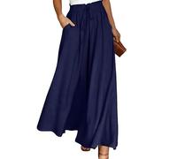 Wide Leg Trousers for Women Cullodes Trousers with Pockets Elastic High Waist Summer Ladies Loose Fit Pants, Navy Blue, M