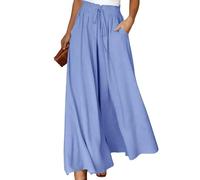 Wide Leg Trousers for Women Cullodes Trousers with Pockets Elastic High Waist Summer Ladies Loose Fit Pants, Blue, L