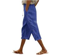 Wide Leg Trousers for Women UK Cotton Linen Capri Trousers Women 3/4 Cropped Pants Side Button Casual Straight Leg Hot Pants with Pocket Joggers Office Work Holiday 01 Blue M