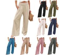 Wide Leg Trousers for Women UK Cotton Linen Long Lounge Elastic High Wasited Palazzo Pants Ladies Casual Baggy Summer Loose Petite Yoga Trousers with Pockets Beige