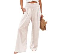Wide Leg Trousers for Women UK Cotton Linen Long Lounge Elastic High Wasited Palazzo Pants Ladies Casual Baggy Summer Loose Petite Yoga Trousers with Pockets White