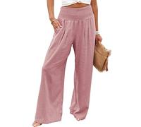 Wide Leg Trousers for Women UK Cotton Linen Long Lounge Elastic High Wasited Palazzo Pants Ladies Casual Baggy Summer Loose Petite Yoga Trousers with Pockets Pink