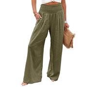 Wide Leg Trousers for Women UK Cotton Linen Long Lounge Elastic High Wasited Palazzo Pants Ladies Casual Baggy Summer Loose Petite Yoga Trousers with Pockets Army Green