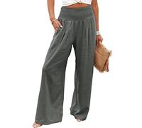 Wide Leg Trousers for Women UK Cotton Linen Long Lounge Elastic High Wasited Palazzo Pants Ladies Casual Baggy Summer Loose Petite Yoga Trousers with Pockets Dark Green