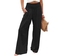 Wide Leg Trousers for Women UK Cotton Linen Long Lounge Elastic High Wasited Palazzo Pants Ladies Casual Baggy Summer Loose Petite Yoga Trousers with Pockets Black