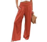 Wide Leg Trousers for Women UK Cotton Linen Long Lounge Elastic High Wasited Palazzo Pants Ladies Casual Baggy Summer Loose Petite Yoga Trousers with Pockets Orange