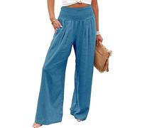 Wide Leg Trousers for Women UK Cotton Linen Long Lounge Elastic High Wasited Palazzo Pants Ladies Casual Baggy Summer Loose Petite Yoga Trousers with Pockets Blue