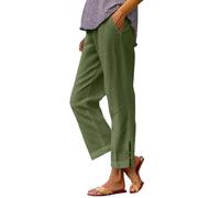 Wide Leg Trousers for Women UK, Cotton Linen Trousers Womens UK Solid Color Elasticated Waist Trouser Ladies Summer Lounge Pants Plain Loose Fit Capri Pant Casual Straight Leg Bottoms with Pockets