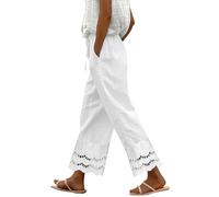 Wide Leg Trousers for Women UK Drawstring Elastic Lace Linen Flared Trousers Summer Straight Leg Lightweight Palazzo Pants with Pockets (White,L)