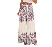 Wide Leg Trousers for Women UK Elastic High Waisted Boho Floral Print Palazzo Trousers Summer Lightweight Flowy Beach Holiday Culottes with Pockets (Xh-Beige,M)