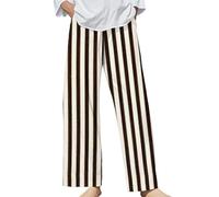 Wide Leg Trousers for Women UK Elasticated Waist Ladies Cotton Linen Trousers Stripe Palazzo Harem Pants Business Casual Outfits with Pockets (Za-Brown,L)