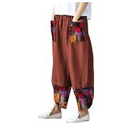 Wide Leg Trousers for Women UK Straight Loose Comfy Cotton Patch Multicolored Patchwork Elastic Waist Harem Genie Pants Trouser Summer Cropped Trousers with Pockets Orange