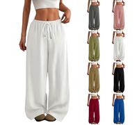 Wide Leg Trousers for Women UK Summer Casual Drawstring Elasticated Waist Long Palazzo Pants High Waisted Loose Baggy Ladies Plain Lounge Bottoms Holiday Outfits White XL