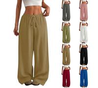 Wide Leg Trousers for Women UK Summer Casual Drawstring Elasticated Waist Long Palazzo Pants High Waisted Loose Baggy Ladies Plain Lounge Bottoms Holiday Outfits Khaki XXL