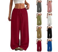 Wide Leg Trousers for Women UK Summer Casual Drawstring Elasticated Waist Long Palazzo Pants High Waisted Loose Baggy Ladies Plain Lounge Bottoms Holiday Outfits Red S