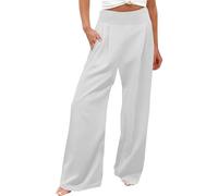Wide Leg Trousers for Women UK Summer High Waisted Pleated Palazzo Trousers Comfy Lightweight Beach Pants Plus Size Business Casual Outfits with Pockets (White,M)