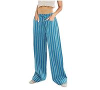 Wide Leg Trousers for Women UK Summer Straight Boho Pants Loose Pocket Casual Trousers Plus Size Trousers Drawstring Pants Stripe Print Long Trousers Baggy Palazzo Trousers Ladies Culottes Pants