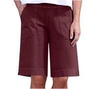 Wide Leg Trousers for Women UK Women's Summer Solid Color Loose Casual Pants with Pockets Extended to Knee Length Five Quarter Ladies Black (Wine, XL)