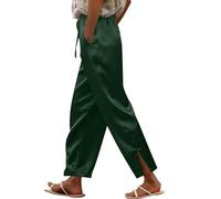 Wide Leg Trousers Women Cropped - Satin Trousers For Women Uk Petite Lightweight Elasticated Pull Up Pant Solid Color Smart Casual Pant Comfortable Drawstring Trouser With Pockets For Going Out