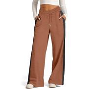 Wide Leg Yoga Joggers Pants for Women UK, Drawstring Stretch Elasticated Sweatpants, Straight Leg Tracksuit Bottoms Jogging Yoga Gym Lounge Trousers with Side Stripes with Pockets Light Brown