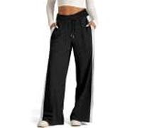 Wide Leg Yoga Joggers Pants for Women UK, Drawstring Stretch Elasticated Sweatpants, Straight Leg Tracksuit Bottoms Jogging Yoga Gym Lounge Trousers with Side Stripes with Pockets Black