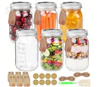 Wide Mouth Graduated Canning Jars,6-Pack 32 oz Glass Mason Jars with Silver Lids & Bands. Perfect for Overnight Oats, Homemade Jam, Pickling, Fermenting,and DIY Candle Holder Crafts (1000 mL)