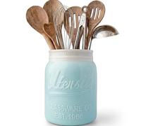 Wide Mouth Mason Jar Utensil Holder by Comfify - Decorative Kitchenware Organizer Crock, Chip Resistant Ceramic, Dishwasher Safe - Kitchen Caddy - Aqua Blue, Large Size 17.78cm High