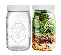 PR1M3 Wide Mouth Mason Jars 32 oz - 2 Pack Quart Size Jars with Airtight Lids and Bands & White Plastic Lids for Canning, Fermenting, DIY, Microwave & Dishwasher Safe.