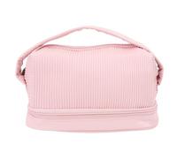 Wide Open Makeup Bag, Double Layer Travel Cosmetic Bag, Large Capacity PU Leather Flat Open Organizer for Toiletries, Pink