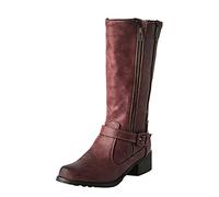 Wide Shaft Boots Women's Leather High Boots Women's Without Heel with Zip Cowboy Boots Traditional Shoes Wide Shaft Half Boots with Buckles Knight Boots Non-Slip Country Boots, Wine Red, 6 UK