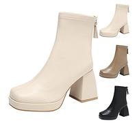 Wide Shaft Boots, Women's XXL Shaft Stretch, Half Boots, Women's Beige, Platform Non-Slip Block Heel Slip-On Boots, Winter Back Zip, Square Toe, Plain High Heel Booties, khaki, 7 UK