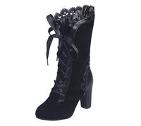 Wide Shoes Womens Goth Boots Costume Retro Booties Halloween Witch Stuff Cuban Heel Mid Calf Boots High owgirl Booties Black