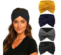 Wide Twist-Knot Headbands For Women, 4-Pack, Black, Grey, Navy, Mustard | Gathered Front, Fabric Hair Bands, Designed To Hold Hair Away From The Face During Yoga, Running, Gym Sessions And Daily Wear