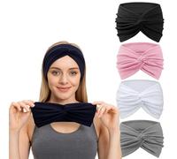 Wide Twisted Hair Headbands, 4-Pack, Black, Pink, White and Grey | Gathered centre-front detail, holds hair away from the face during daily styling, yoga, running, gym sessions and workouts