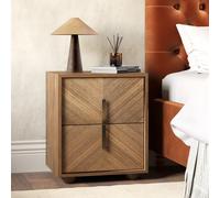 Wide Walnut Mid-Century 2-Drawer Bedside Table with Parquet Finish - Nikita