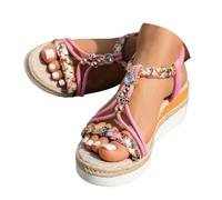 Wide Width Wedge Sandals For Women,2026 Open Toe Jeweled Beaded Platform Sandals for Women Summer Dressy Strap Walking Shoes Vintage Non Slip Casual Sandal Ankle Elastic Bohemian Woven Sandal
