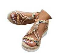 Wide Width Wedge Sandals For Women,2026 Open Toe Jeweled Beaded Platform Sandals for Women Summer Dressy Strap Walking Shoes Vintage Non Slip Casual Sandal Ankle Elastic Bohemian Woven Sandal