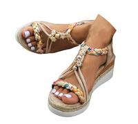 Wide Width Wedge Sandals For Women,2026 Open Toe Jeweled Beaded Platform Sandals for Women Summer Dressy Strap Walking Shoes Vintage Non Slip Casual Sandal Ankle Elastic Bohemian Woven Sandal