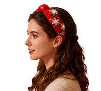 Wide Women's Headband with Elegant Rhinestones Pearls Artistic Snowflake Knot Design as Festive Hair Tie for Special Holiday Moments (Red, One Size)