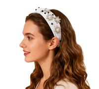 Wide Women's Headband with Elegant Rhinestones Pearls Artistic Snowflake Knot Design as Festive Hair Tie for Special Holiday Moments (White, One Size)