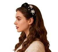 Wide Women's Headband with Elegant Rhinestones Pearls Artistic Snowflake Knot Design as Festive Hair Tie for Special Holiday Moments (Black, One Size)