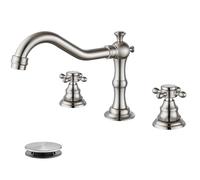 Widespread Bathroom Faucet Brushed Nickel 3 Holes Deck Mounted Victorian Style Dual Cross Knobs Hot and Cold Water with Pop Up Drain Assembly with Overflow