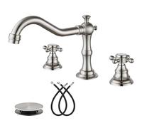 Widespread Bathroom Faucet Brushed Nickel 3 Holes Deck Mounted Victorian Style Dual Cross Knobs Hot and Cold Water with Pop Up Drain Assembly with Overflow