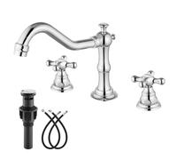 Widespread Bathroom Sink Faucet Double Cross Knobs Polish Chrome 3 Hole Mixing Tap Deck Mount with Pop Up Drain